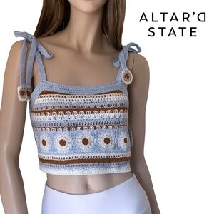 ALTAR'D STATE Crochet Knit Crop Top Floral Tie Straps Shirt Strappy Sky Blue